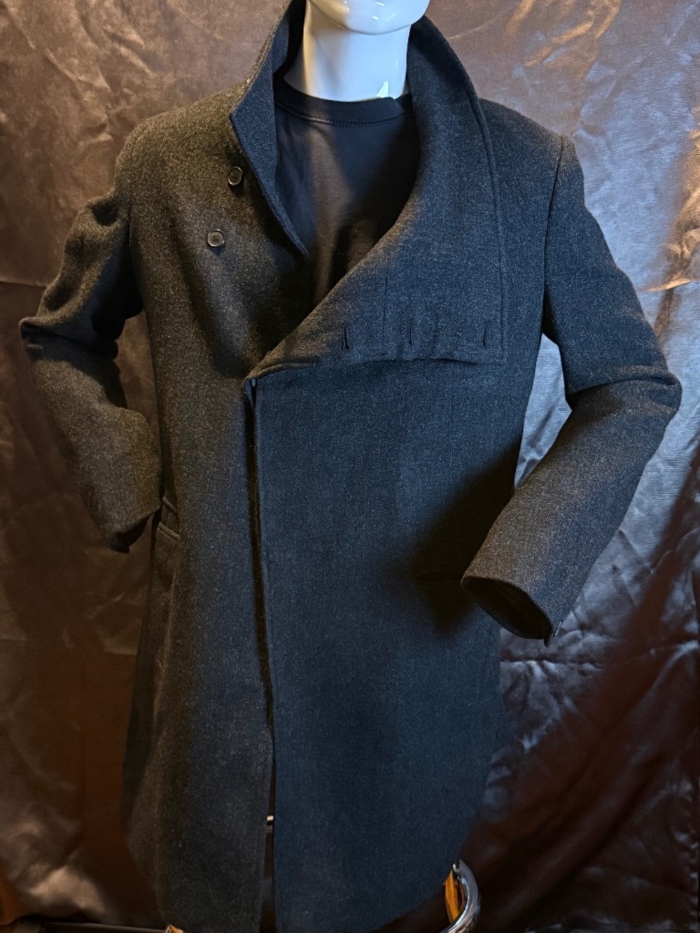 All Saints Bale Black Wool Asymmetrical Button Down Funnel Neck Modern Coat - Picture 2 of 4